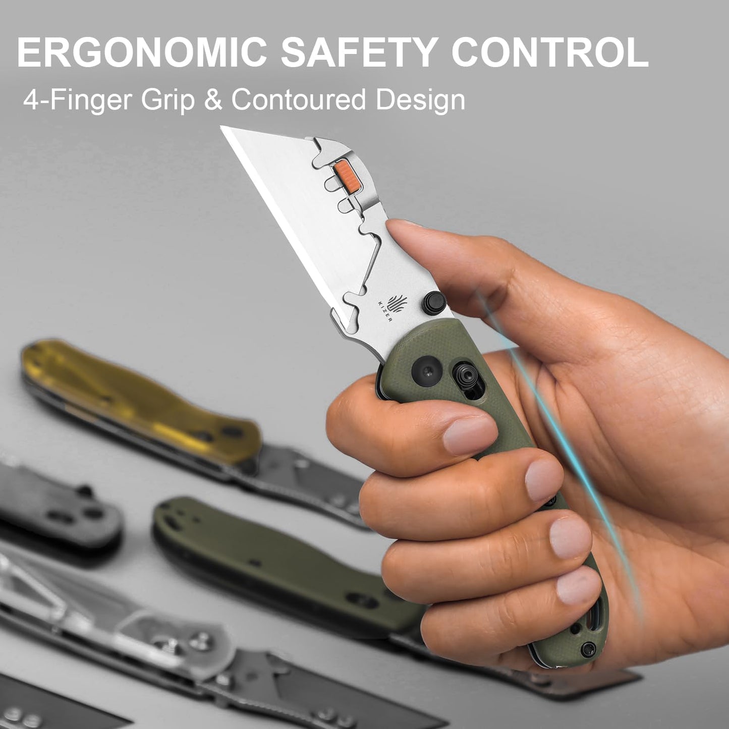 Kizer Uti Bear(Tool-Free Version) Folding Utility Knife, Quick Change Box Cutter EDC knife with 5PCS Razor Blades, Clutch Lock & Pocket Clip Small Pocket Knives for Men Women V3619JA6