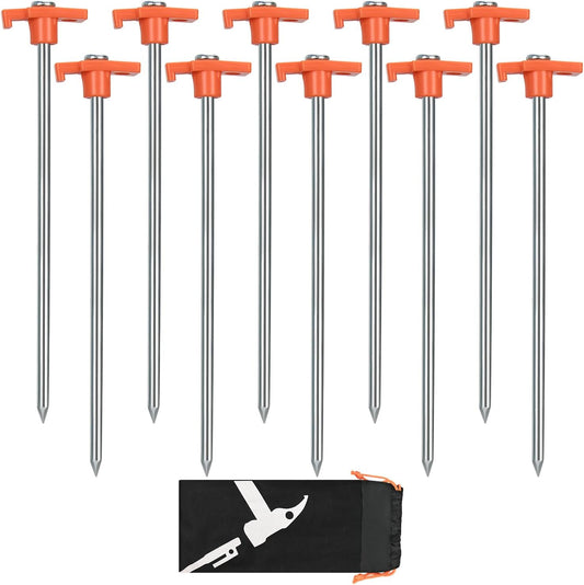 10 Pack 10in Heavy Duty Tent Stakes, Non-Rust Metal Camping Stakes, with Storage Pouch, for Tent, Tarp, Canopy, Picnic, Shade