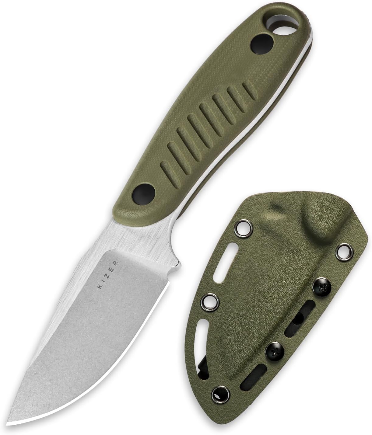 Kizer Hare Fixed Blade Knife with Sheath, 3.14" Nitro V Blade EDC Hunting Knife with Olive Green G10 Handle, Small Bushcraft Neck Knives, Outdoor Camping Knives for Men Women, 1077M2