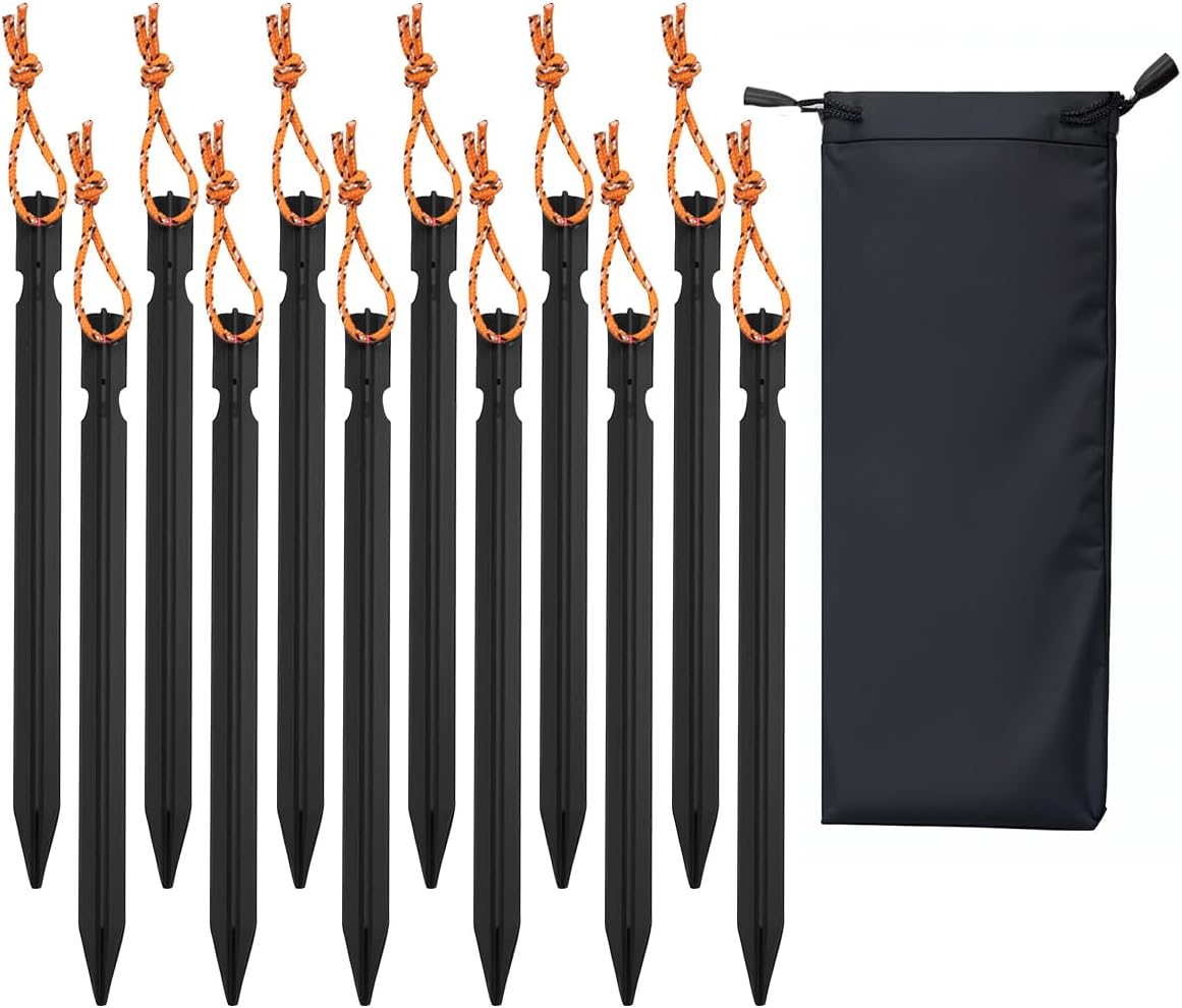 12 Pack Tent Stakes, 7-inch Ultralight Aluminum Ground Pegs with Reflective Pull Ropes, Tri-Beam Stake in a Carrying Bag, for Camping, Backpacking, Hiking, Hammocks and Canopy (Black)