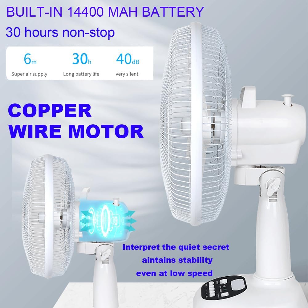 12 inch New Update Rechargeable Solar Powered Fan,14400mAh AC DC Portable Camping PowerBank 12 Inch Oscillating Tabletop Fan with Led Night Light for Home Office Outdoor Camping Tent Traving (1)