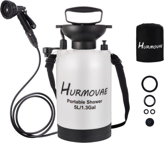 1.3 Gallon/5L Portable Shower–10 Spray Modes, Nylon Insulated Sleeve & No Electric Needed, Beach Shower for Surfing, Travel & Hiking, Portable Water Sprayer, White