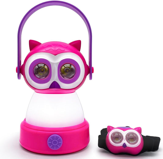Kids Owl Lantern & Headlamp Set, 2-in-1 360° LED Camping Night Light, Battery Powered 3×AA, Child-Safe ABS, Portable Adventure Toy & Bedroom Night-Light (Pink Owl Lantern-Headlmp)