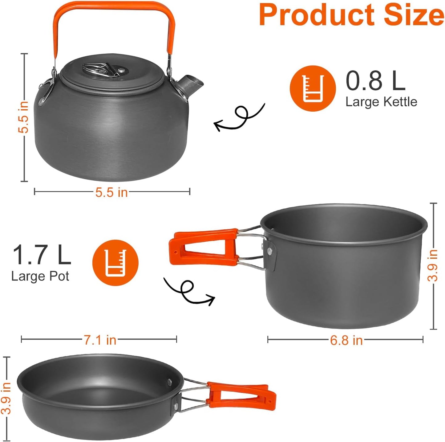 15pcs Camping Cookware, 1.7L Pot, 7inches Pan, 0.8L Kettle Set with Plates Stainless Steel Forks Knives Spoons Camping Cookware Mess Kit for Hiking,Camping,Backpacking,Outdoor Cooking