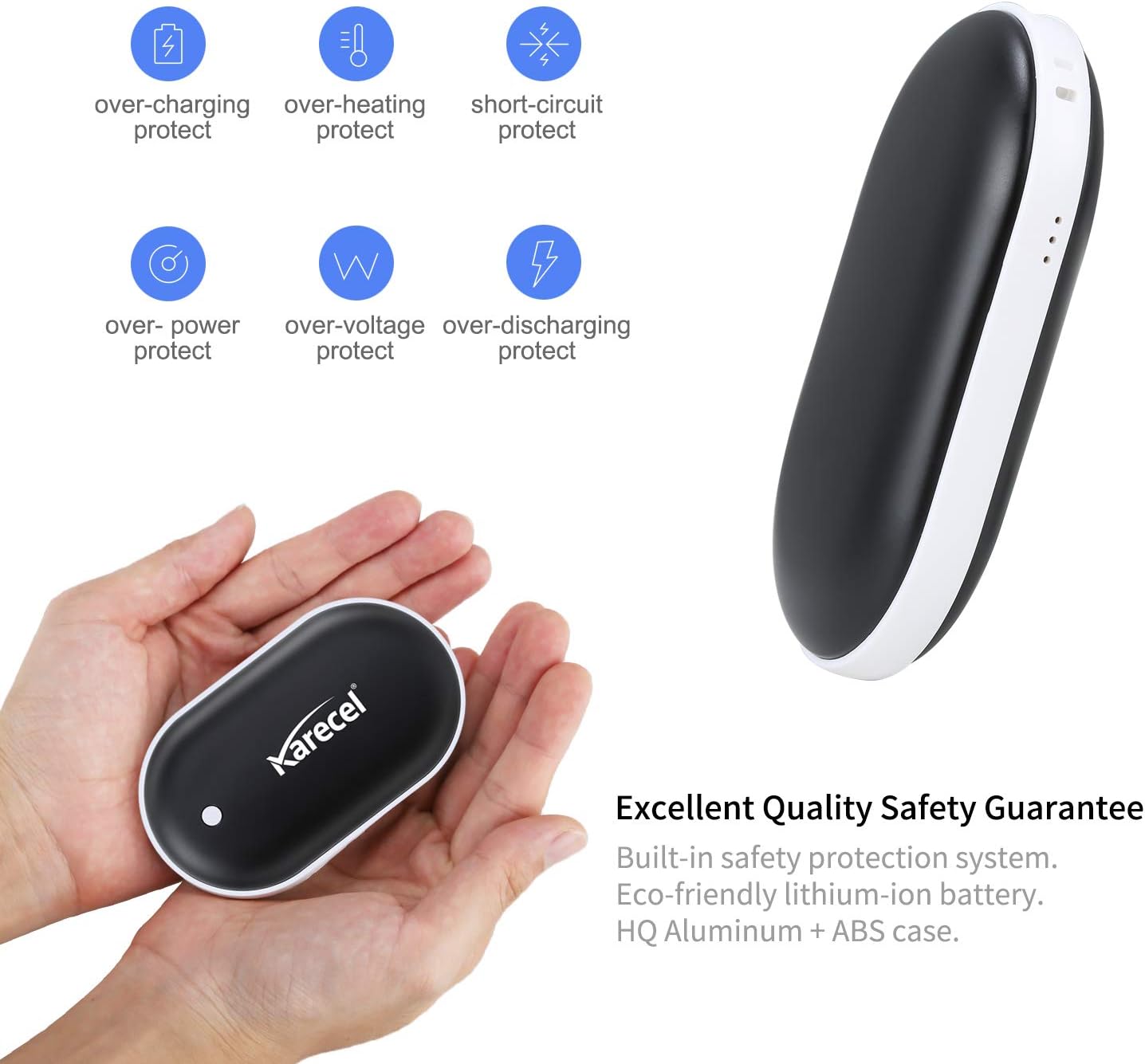 Karecel Rechargeable Hand Warmers 2 Pack, 10,400mAh Double Sided Heat Electric Hand Warmers Power Bank, Portable Pocket USB Heated Handwarmers, 4-inch Full-Surface Heat & Quick Charge, Men Tech Gifts