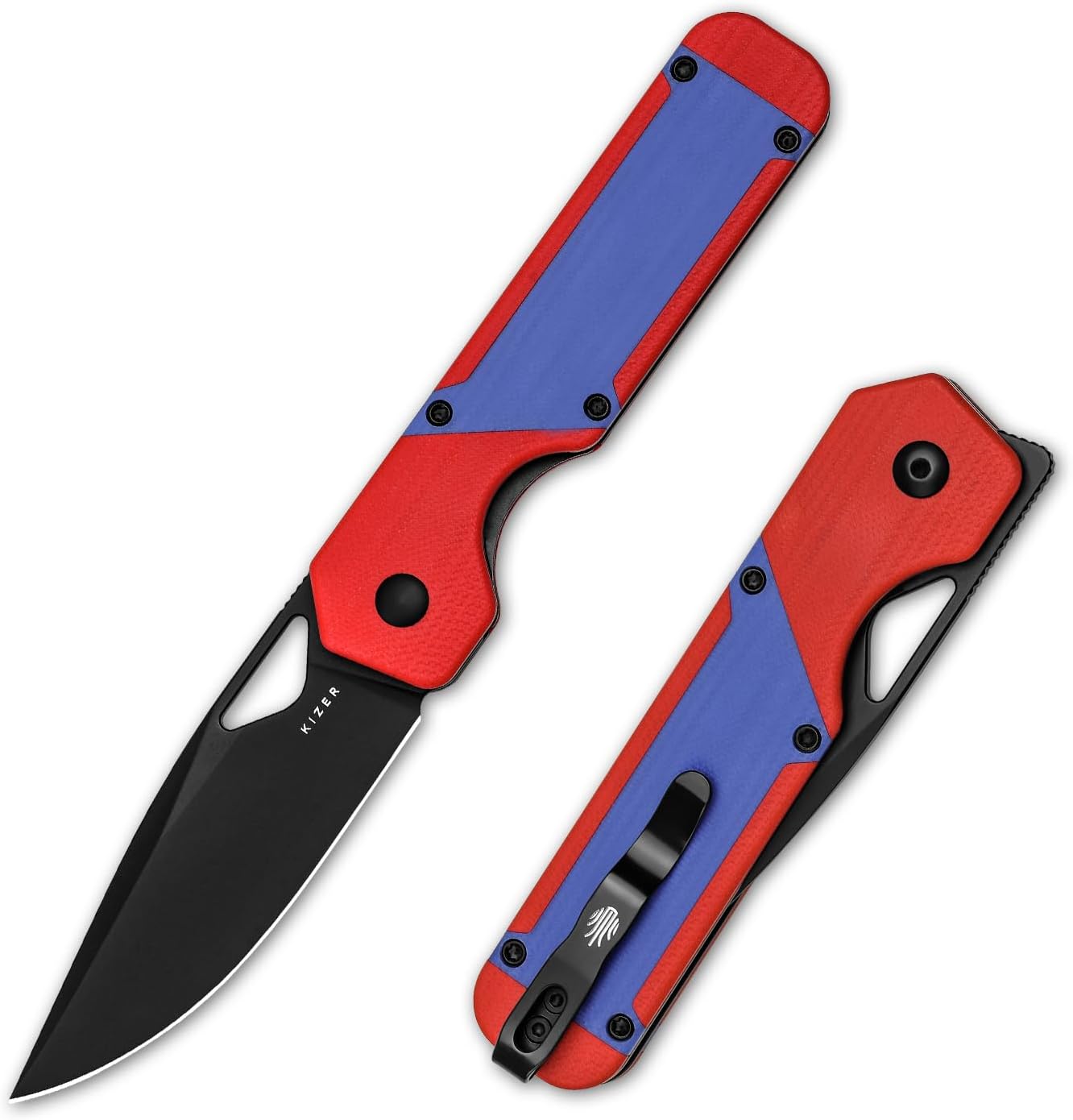 Kizer Militaw EDC Pocket Knife, 3.36'' Nitro V Blade Folding Knife, Red & Blue G10 Handle with Pocket Clip, Thumb Hole & Front Flipper Opener, Camping Hunting Knife for Men Women Gift V3634A2