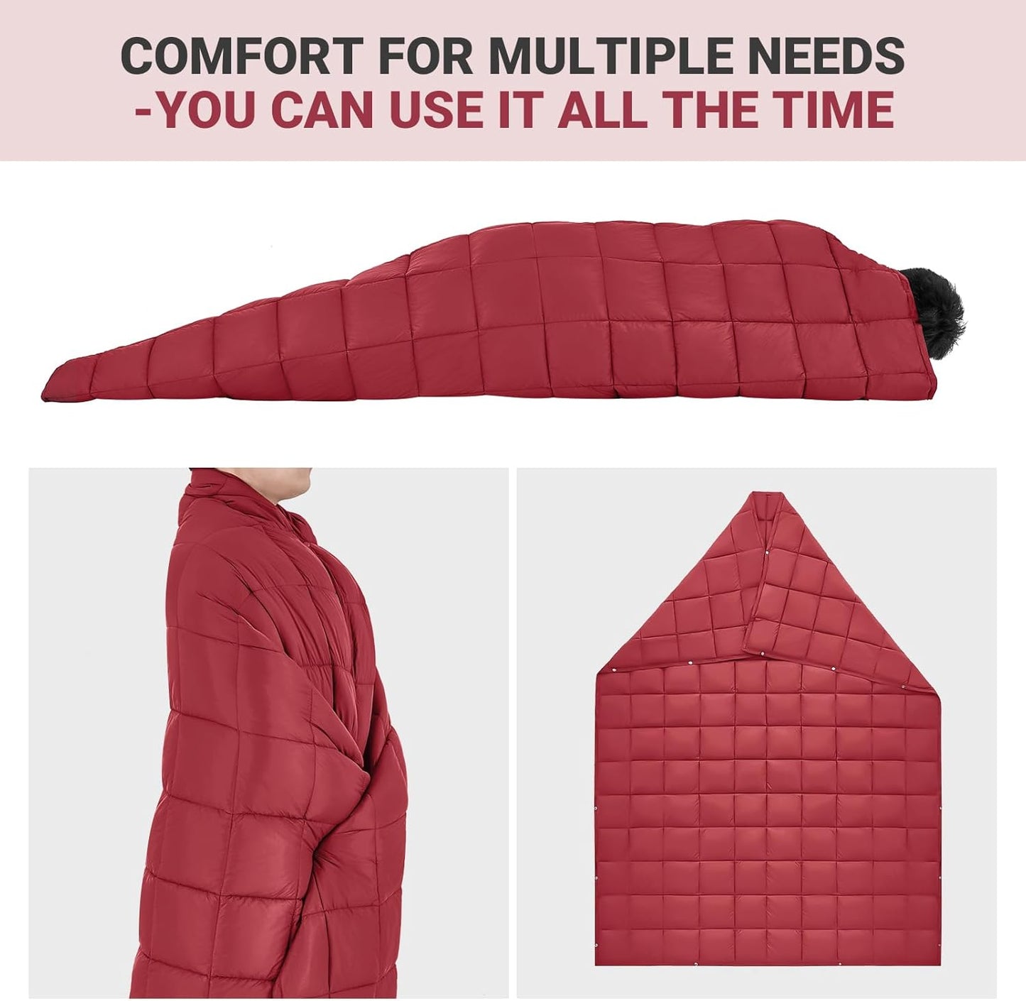 KingCamp Ultralight Camping Blanket, Packable Down Alternative Puffy Wearable Blankets Weatherproof Warm Package Quilt with Snap Buttons for Outdoor Hiking Travel, Picnic Stadium, (69" x 53" Crimson)