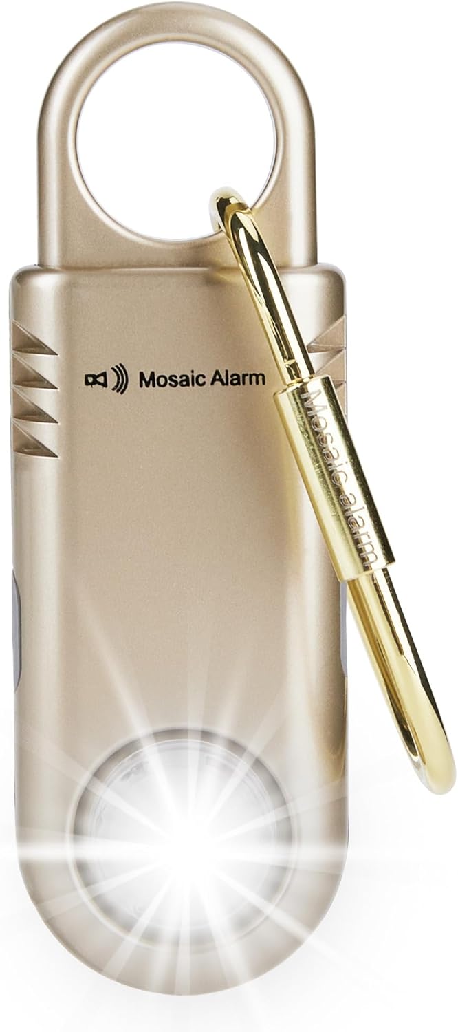 135dB Rechargeable Personal Safety Alarm Strobe Light Non Slip Grip Keychain Siren for Women Students. Emergency Mutual SOS Paging Alerts Loud Sound Flashlight Hiking Bear Alarm. Gold