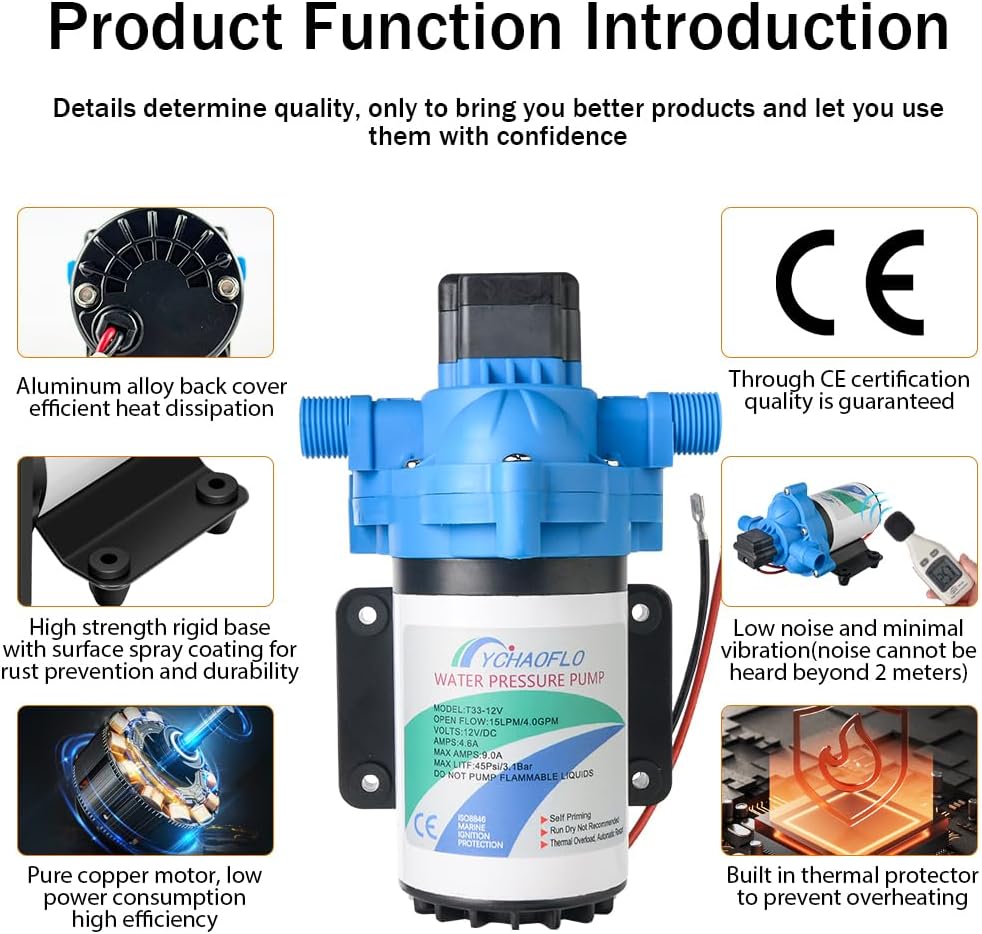12V Electric High Pressure Water Pump with Diaphragm, Inline Water Transfer Pump, Camper Water System, On-Demand Water Pressure Booster Pump for Garden Hose & Water Pumps