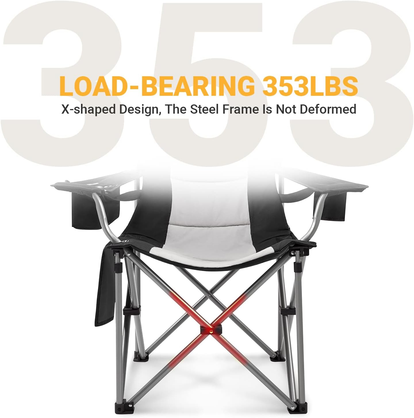 KingCamp Folding Portable Camping Chairs Oversized Padded Quad Arm Chair with Cooler Bag, Cup Holder and Side Pocket, Heavy Duty Supports 300 lbs for Outdoor, Lawn, Fishing, Sports