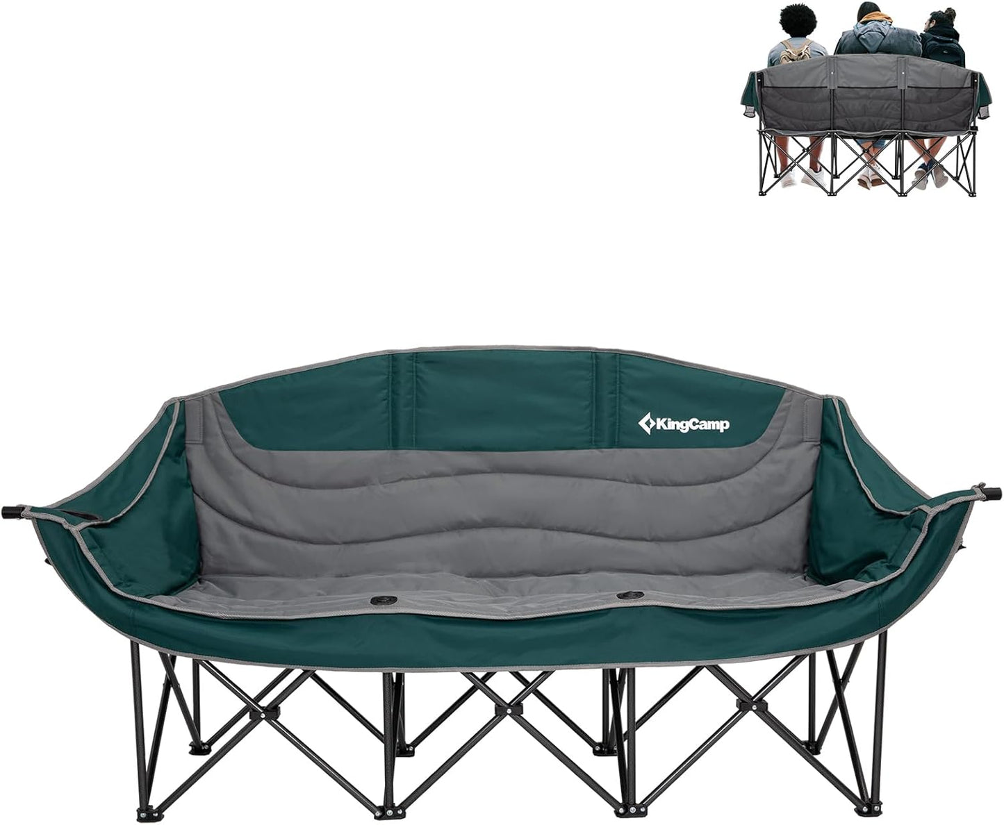 KingCamp 3 Person Camping Chair, Oversized 660lbs Heavy Duty Loveseat for Adults Portable Folding XL 2 Person Couch Padded Comfortable Three Seat with Cup Holder for Outdoor Lawn Backyard, Green/Grey