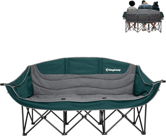 KingCamp 3 Person Camping Chair, Oversized 660lbs Heavy Duty Loveseat for Adults Portable Folding XL 2 Person Couch Padded Comfortable Three Seat with Cup Holder for Outdoor Lawn Backyard, Green/Grey
