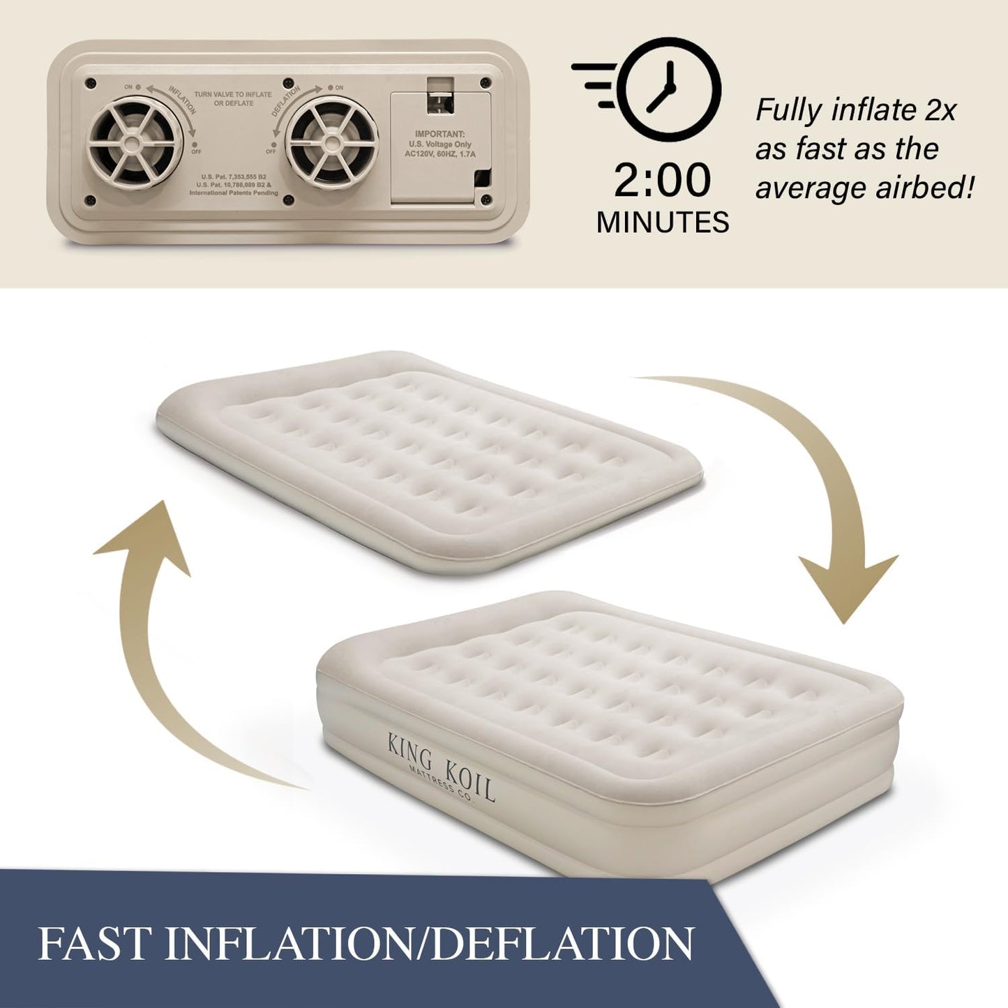 King Koil Luxury Air Mattress 16in Full Size Beige with Built-in Pump for Home, Camping & Guests-Inflatable Airbed Luxury Double High Adjustable Blow Up Mattress, Durable - Portable and Waterproof