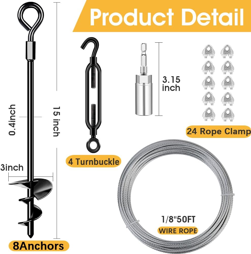 15in 8 Pack Ground Anchors with 1/8" Galvanized Cable Shed Anchor Kit, Trampoline Stakes Anchors High Wind – Ideal for Canopies, Sheds, Car Ports, Swing Sets Gazebo Greenhouse (15 in of 8 Pcs)