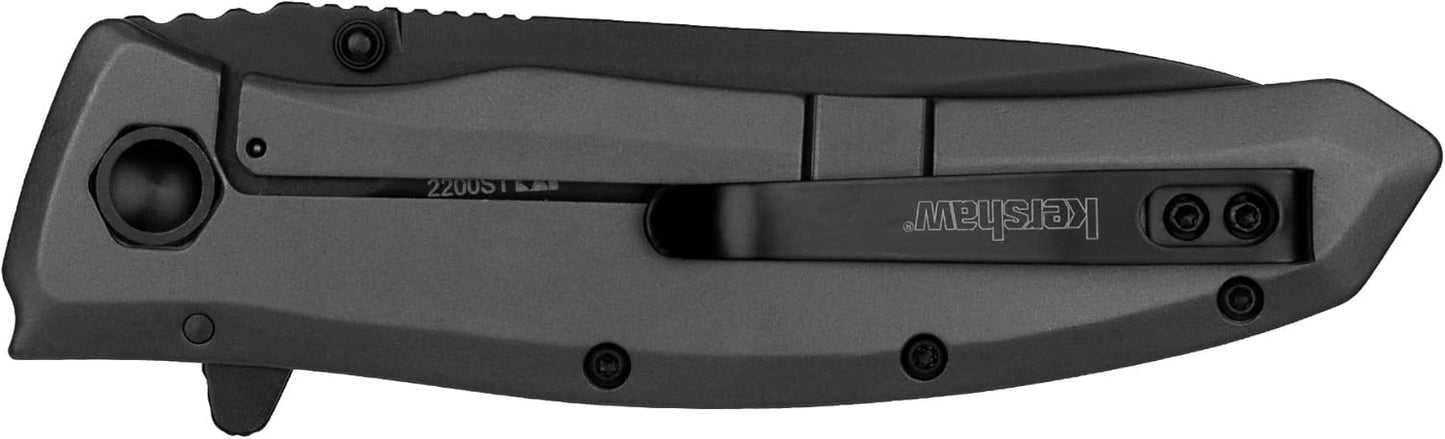 Kershaw Grid Folding Pocket Knife, 3.7 inch Black Serrated Blade, Steel Handle, Pocketclip