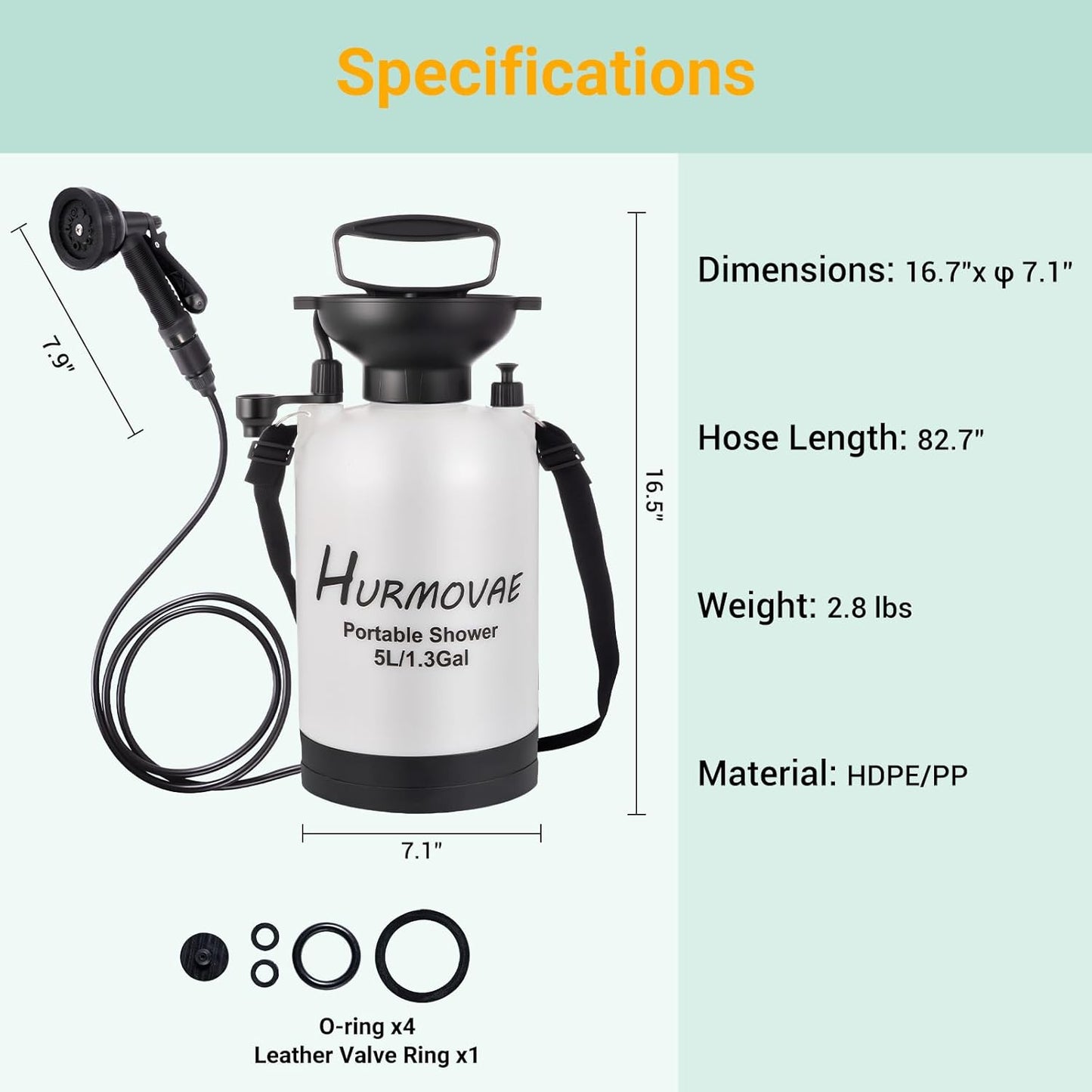 1.3 Gallon/5L Portable Shower–10 Spray Modes, Nylon Insulated Sleeve & No Electric Needed, Beach Shower for Surfing, Travel & Hiking, Portable Water Sprayer, White