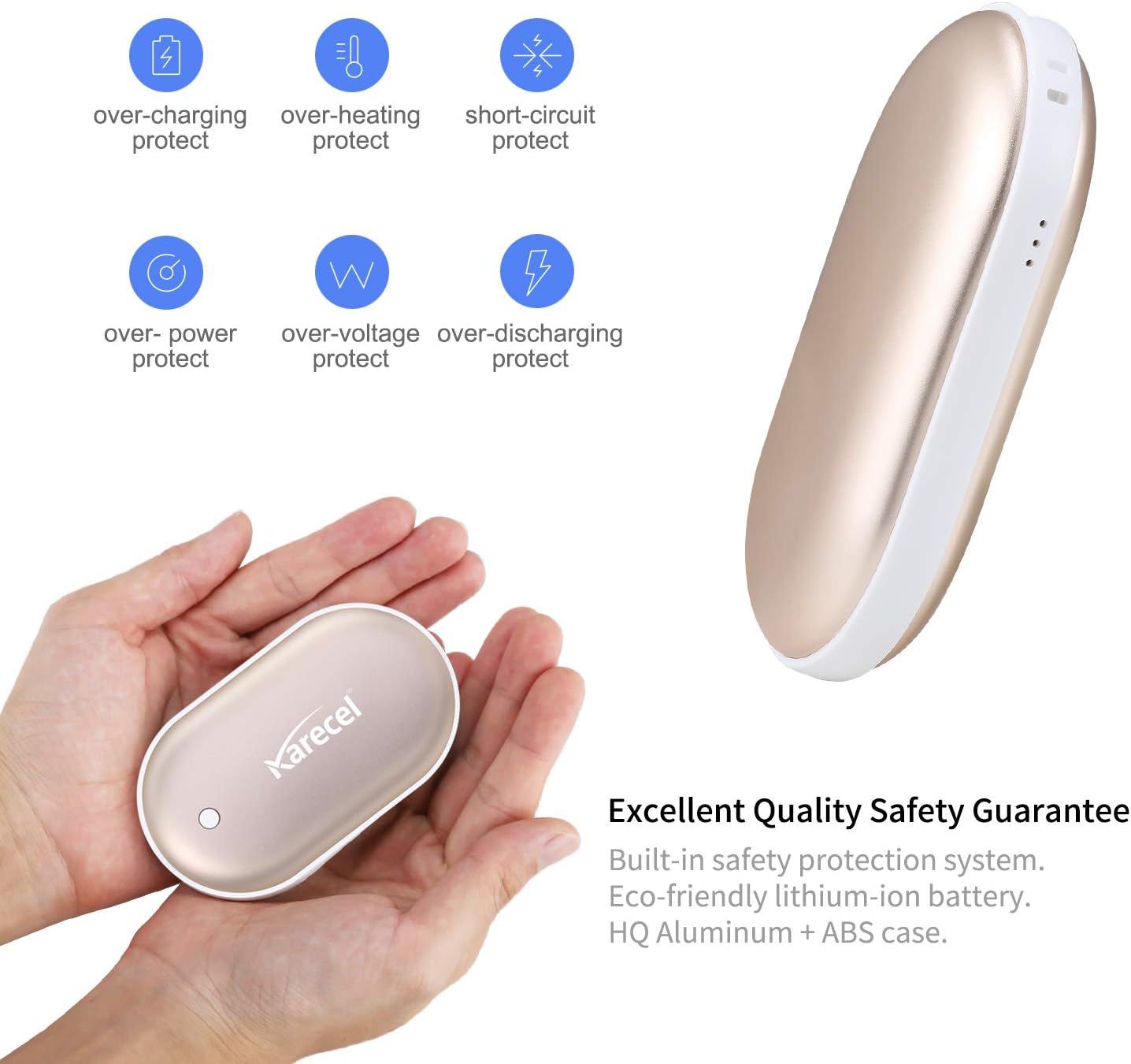 Karecel Rechargeable Hand Warmers 2 Pack, 10,400mAh Double Sided Heat Electric Hand Warmers Power Bank, Portable Pocket USB Heated Handwarmers, 4-inch Full-Surface Heat & Quick Charge, Men Tech Gifts