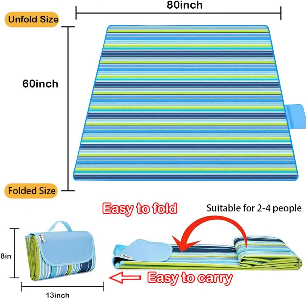 K Y KANGYUN Extra Large Picnic Blanket Outdoor Beach Blankets, Water-Resistant Foldable Sandproof Blankets Cute Picnic Mat for Beach, Camping Grass Lawn Park Mats (Blue, 80x60 in)