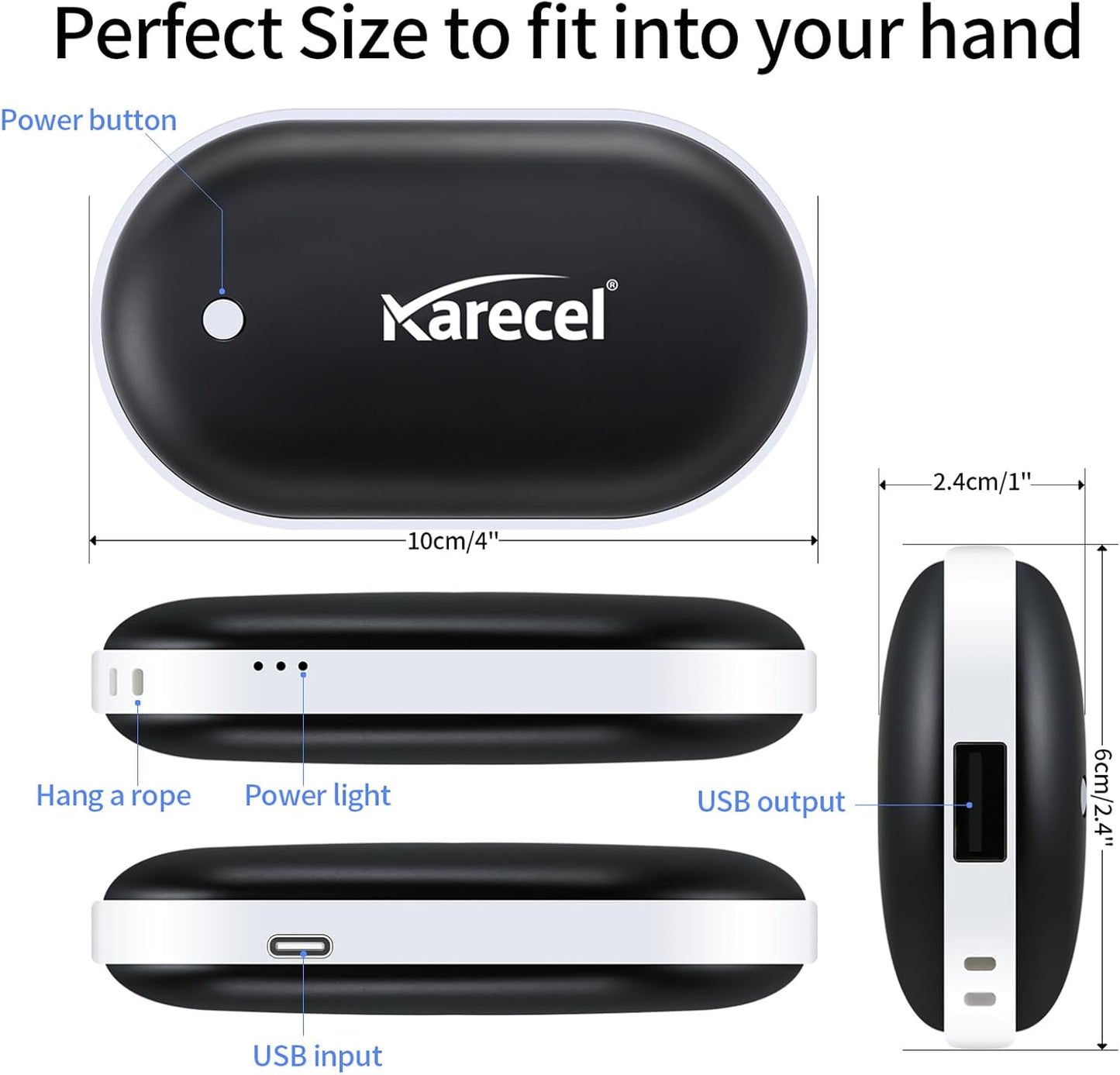 Karecel Rechargeable Hand Warmer, 5200mAh Double-Sided Instant Heating Electric Hand Warmer Power Bank, Up to 11Hrs, USB Portable Handwarmer Pocket Heater, Tech Gifts for Men Women, Winter Essentials