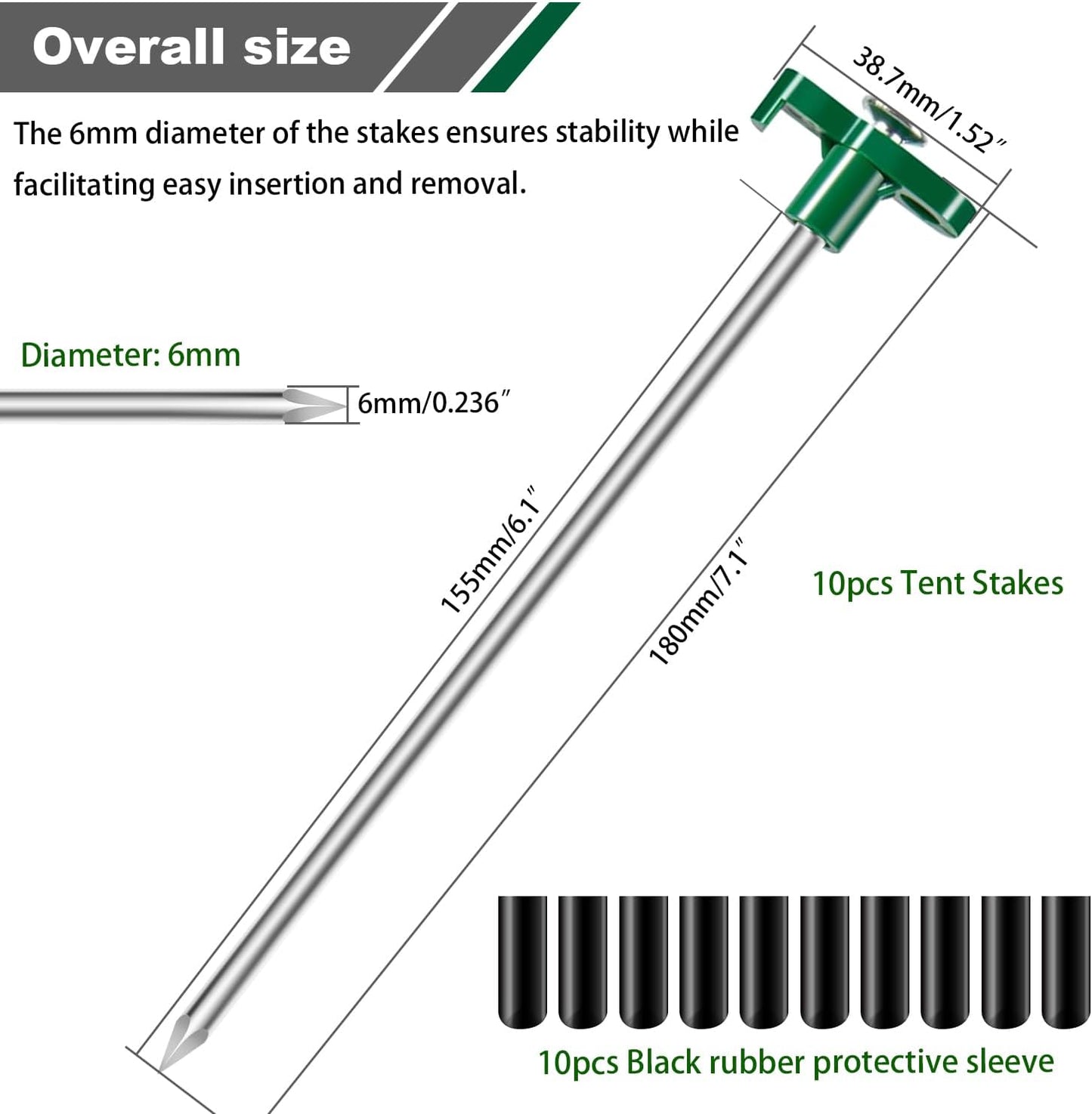 10PCS Tent Stakes Heavy Duty Camping Tent Stakes 7Inch Non-Rust Metal Tent Pegs with 10pcs Rubber Protective Sleeve (Green)