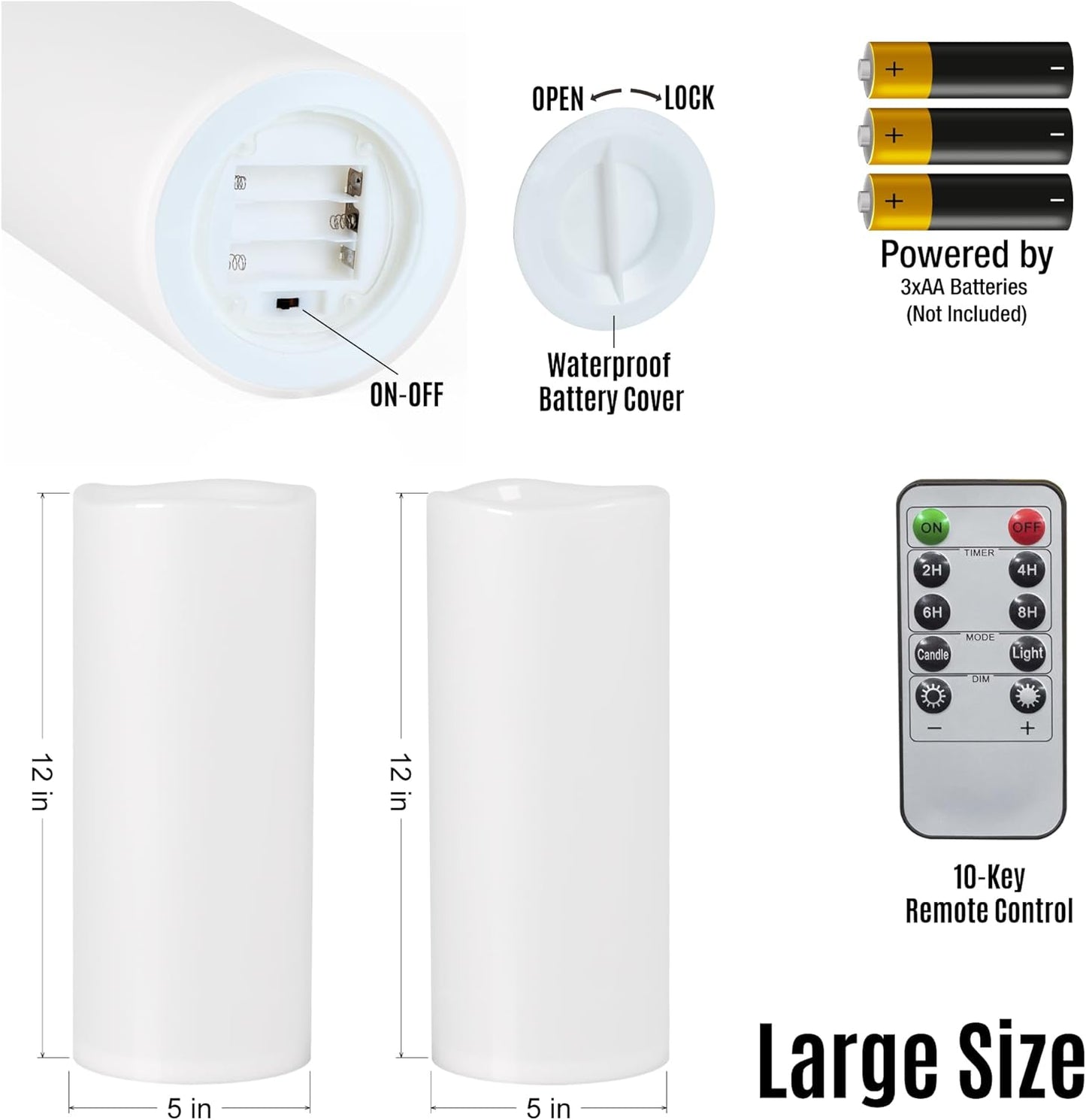 12" x 5" White Large Waterproof Outdoor Flameless Candles Battery Operated LED Flickering Pillar Candles with Remote and Timer for Indoor Outdoor Lanterns, Long Lasting, Set of 2