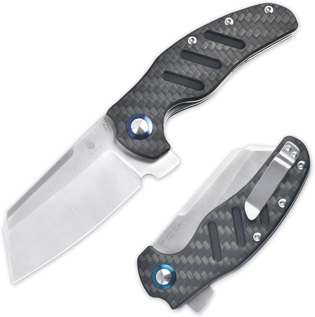 Kizer C01c (XL) Sheepdog Pocket Knife, 154CM Sheepsfoot Blade Folding Knife with Gray Carbon Fiber G10 Handle, Camping Knives with Clip for Men Women, EDC Hunting Survival Knives, V5488C3
