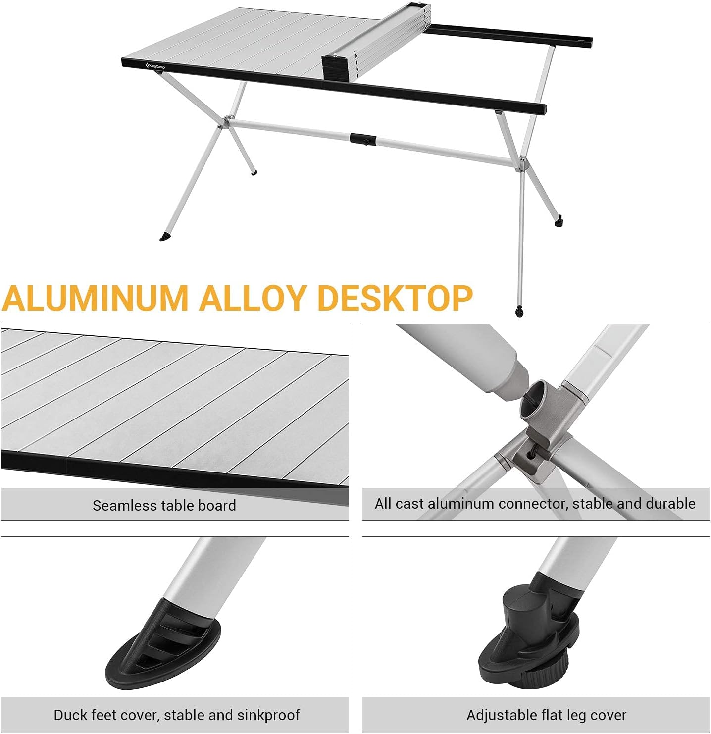 KingCamp Camping Table Roll up Aluminum Folding Table Lightweight Large Portable Foldable Camp Table for Picnic Camping Barbecue Backyard Beach Tailgate Indoor Outdoor, 4-6 Person, Support 120lbs