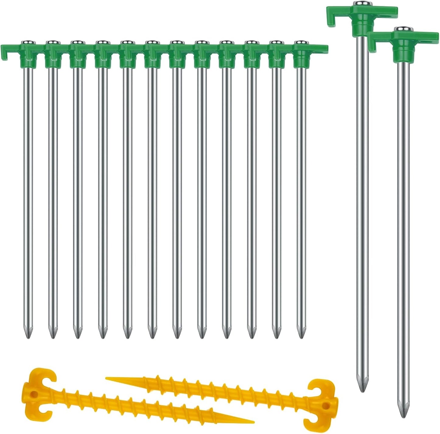 12+2PCS Tent Stakes Heavy Duty Camping Stakes,AVOFOREST 9.8inch Non-Rust Metal Tent Pegs Ground Stakes Tent Spikes Camping,Garden,Hiking Green