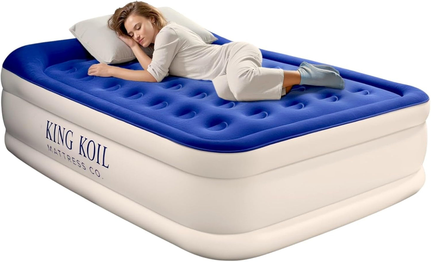 King Koil Luxury Twin Air Mattress with Built-in High Speed Pump for Camping, Home & Guests - Twin Size Double High Airbed Luxury Inflatable Blow Up Mattress Waterproof (1-Year Manufacturer Warranty)