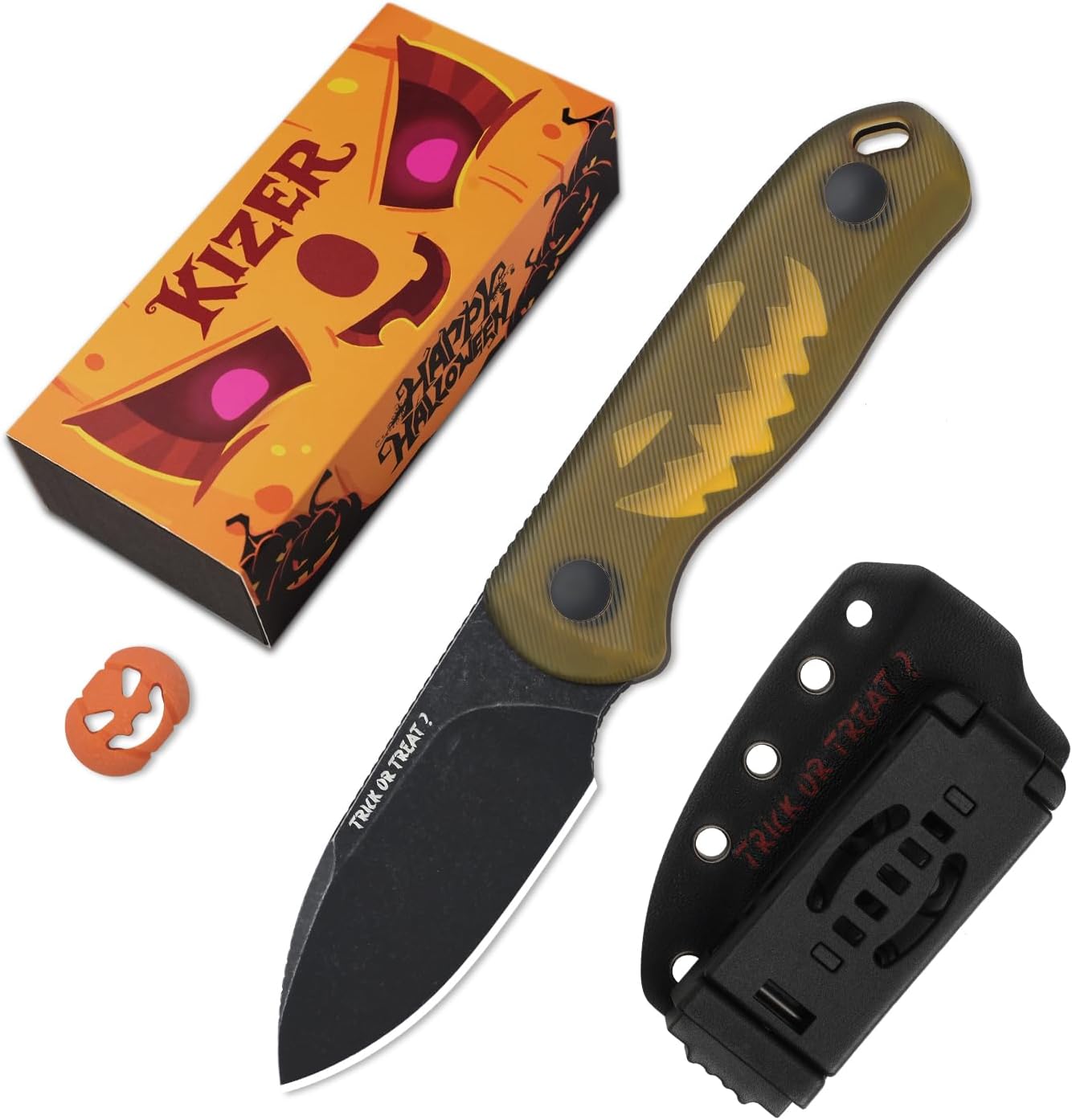 Kizer Drop Bear Fixed Blade Knife, 2.57" 14C28N Blade Halloween EDC Camping Knife with Yellow PEI Handle, Small Hunting Knives with Kydex Sheath, Survival Knives for Men Women, 1094HW2