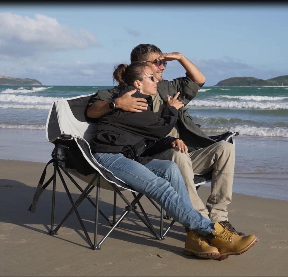 KingCamp Double Camping Chair, Oversized Heavy Duty 550lbs Loveseat for Adults Portable Folding XL 2 Person Couch Padded Comfortable Two Seat with Cup Holder for Outdoor Lawn Backyard, Black/Grey