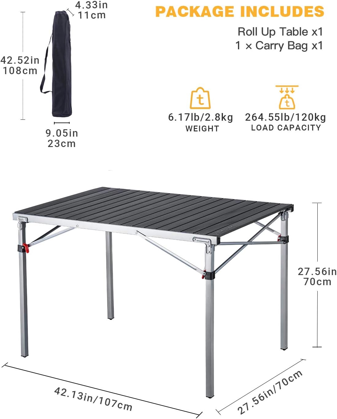 KingCamp Lightweight Compact Folding Camping Table,Stable Aluminum Alloy Folding Roll up Table for 4-6 Person for Picnic, Camping, Barbecue and Party,Portable Multifunctional Table with Carry Bag