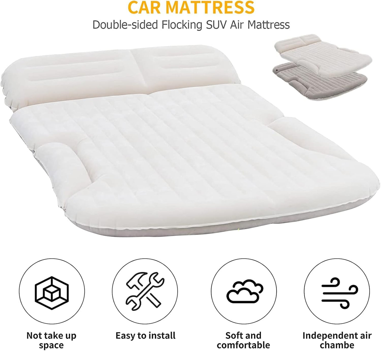 KMZ SUV Air Mattress Thickened and Double-Sided Flocking Travel Camping Bed with 2 Pillows & Electric Pump Dedicated Mobile Cushion Inflatable Bed for SUV Trunk and Rear Seat (Beige and Coffee)