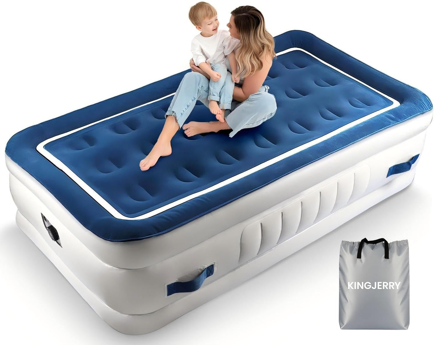KINGJERRY Twin Air Mattress with Built in Pump and 4 Portable Handles, 18" Raised Comfort Blow Up Mattress for Guests, 440lb Support Air Bed with Carry Bags, Heavy Duty Inflatable Bed for Home&Camping