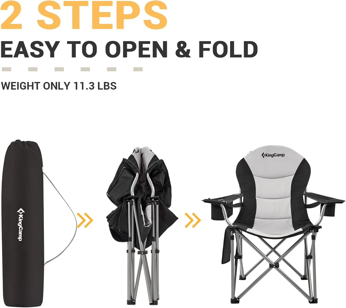 KingCamp Folding Portable Camping Chairs Oversized Padded Quad Arm Chair with Cooler Bag, Cup Holder and Side Pocket, Heavy Duty Supports 300 lbs for Outdoor, Lawn, Fishing, Sports