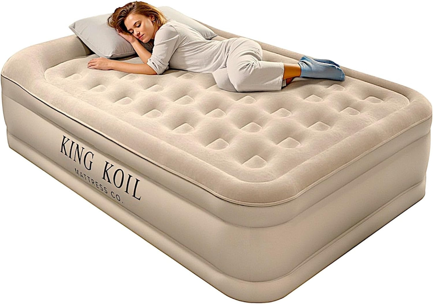 King Koil Luxury Air Mattress 20in Full Size Beige with Built-in Pump for Home, Camping & Guests-Inflatable Airbed Luxury Double High Adjustable Blow Up Mattress, Durable - Portable and Waterproof