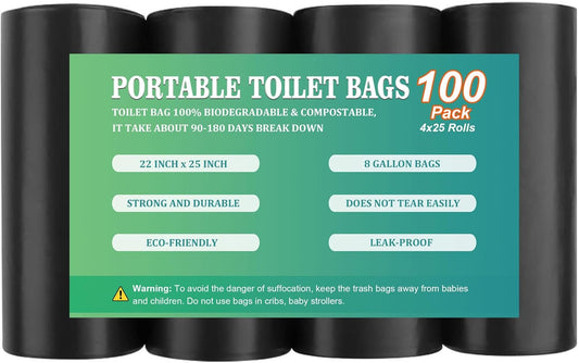 100 PCS Portable Toilet Bags for Camping, Biodegradable Porta Potty Bags - 8 Gallon Thickened Waste Bags Fit for 5 Gallon Bucket, Camping Poop Bag, Trash Bags for Home Boating Travel Outdoor