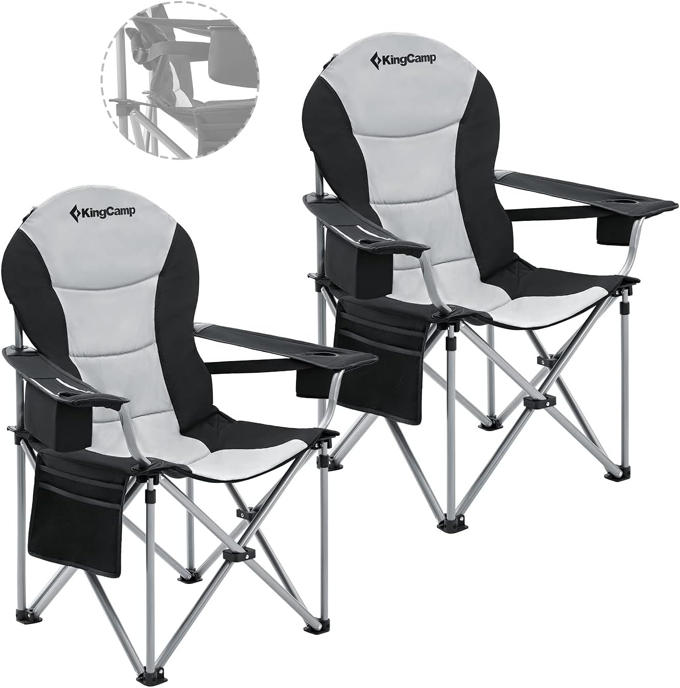 KingCamp Folding Portable Camping Chairs Oversized Padded Quad Arm Chair with Cooler Bag, Cup Holder and Side Pocket, Heavy Duty Supports 300 lbs for Outdoor, Lawn, Fishing, Sports