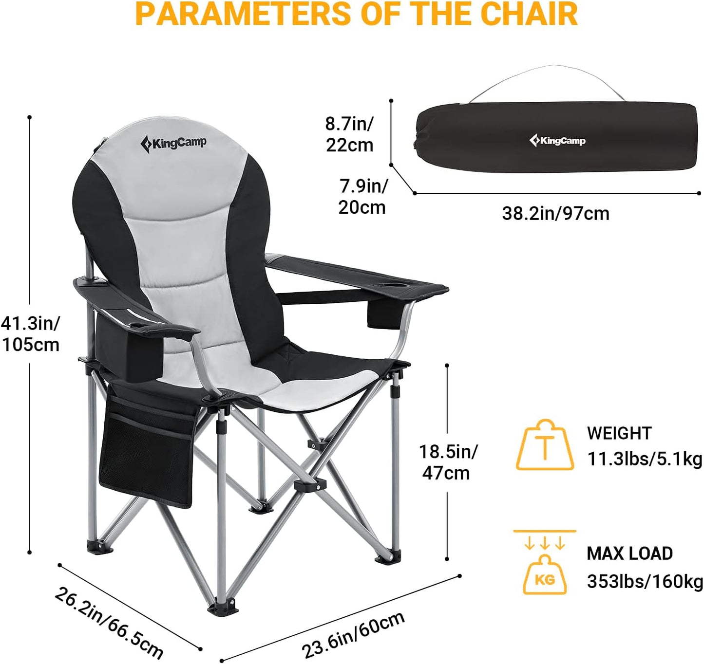 KingCamp Folding Portable Camping Chairs Oversized Padded Quad Arm Chair with Cooler Bag, Cup Holder and Side Pocket, Heavy Duty Supports 300 lbs for Outdoor, Lawn, Fishing, Sports
