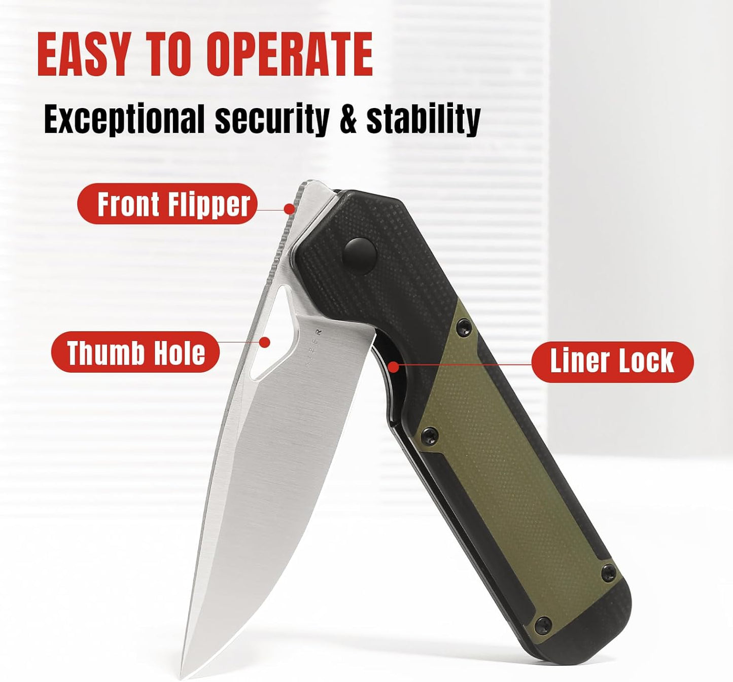 Kizer Militaw EDC Pocket Knife, 3.36'' Nitro V Blade Folding Knife, Black&Green G10 Handle with Pocket Clip, Thumb Hole & Front Flipper Opener, Camping Hunting Knife for Men Women Gift V3634M1