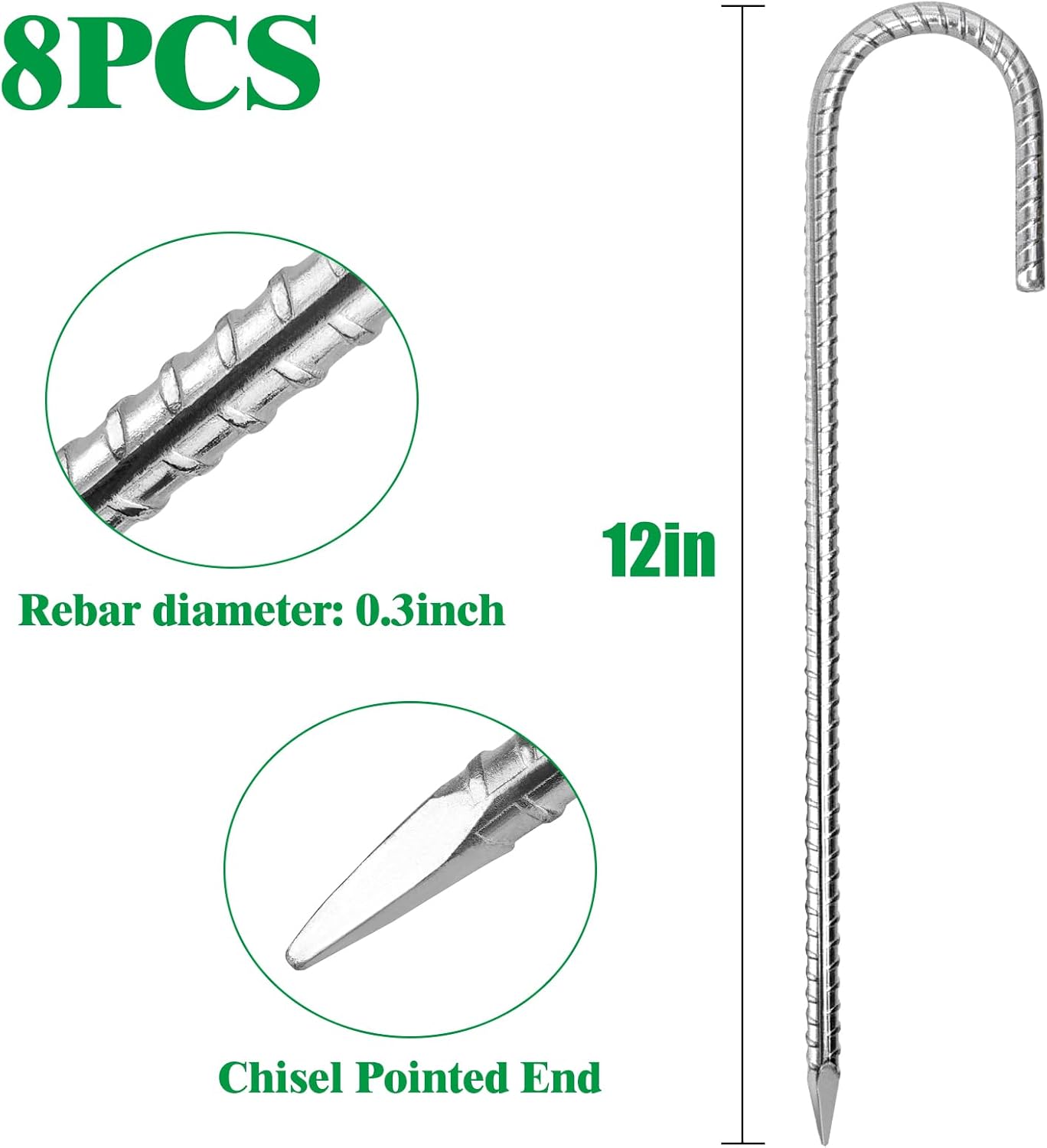 12 Inch Rebar Stakes,8 Packs Heavy Duty Metal J Hook Garden Ground Stakes for Camping Tent Canopy or Supporting for Garden Landscapes Fences Stakes (J Shape-Silver, J-12 x5/16-8pcs)