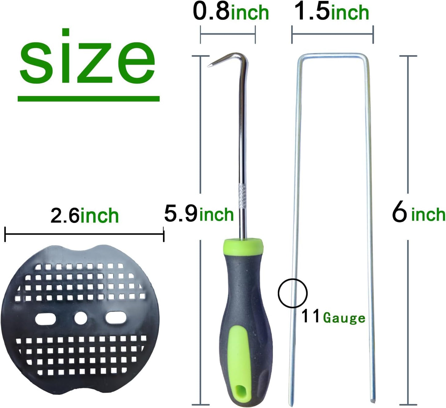 100Pcs Landscape Staples with 100 Gasket with 1Pick Hook, 6 Inch Heavy Duty Garden Stakes 11 Gauge U Shaped Galvanized Lawn Pins for Weed Barrier Fabric