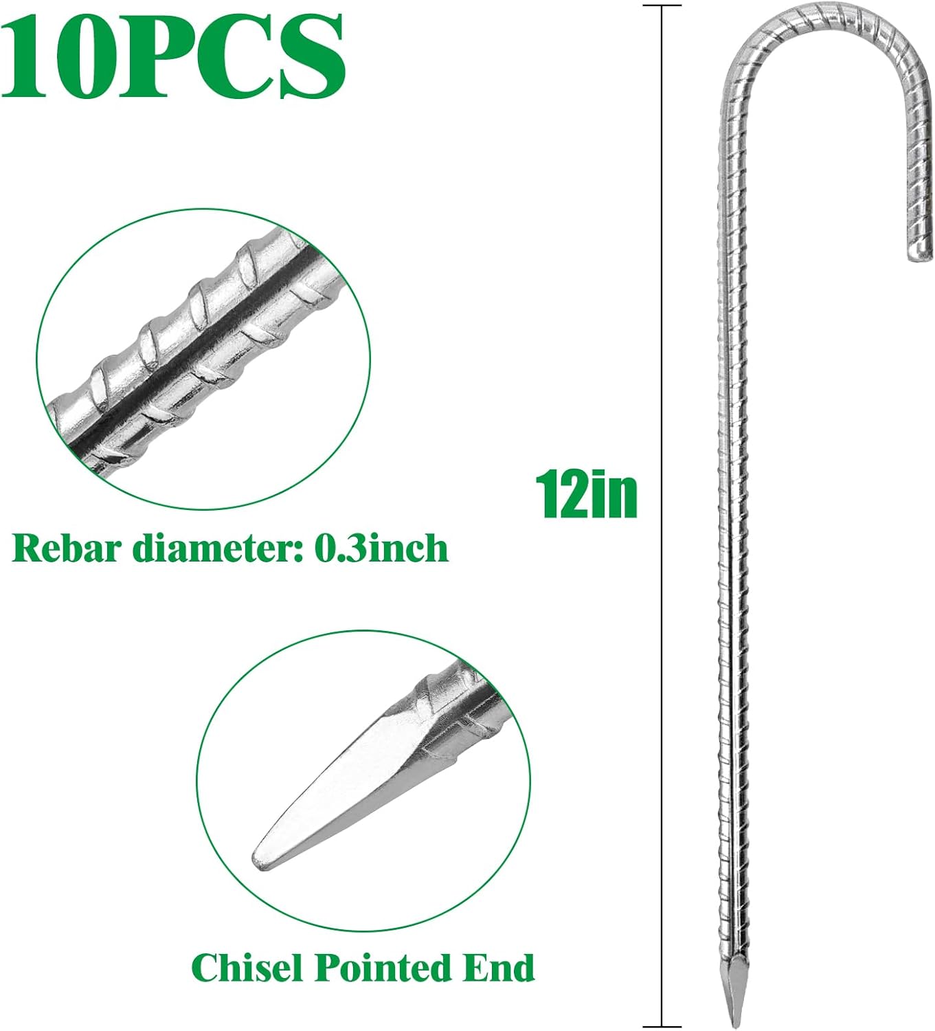 12 Inch Rebar Stakes,10 Packs Heavy Duty Metal J Hook Garden Ground Stakes for Camping Tent Canopy or Supporting for Garden Landscapes Fences Stakes (J Shape-Silver, J-12 x5/16-10pcs)