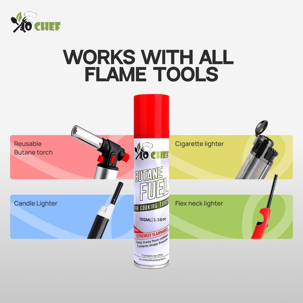 Jo Chef Butane Refill, Butane Torch Fuel Refill, Gas Lighter Fluid Refill Canister, Kitchen Blow Torch Fluid – Universal Tip – (1 Can 3.38oz)