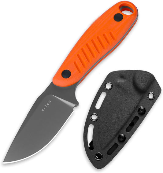 Kizer Hare Fixed Blade Knife with Sheath, 3.14" D2 Steel Blade EDC Hunting Knife with Orange G10 Handle, Small Bushcraft Survival Knives, Outdoor Camping Knives for Men Women, 1077A1