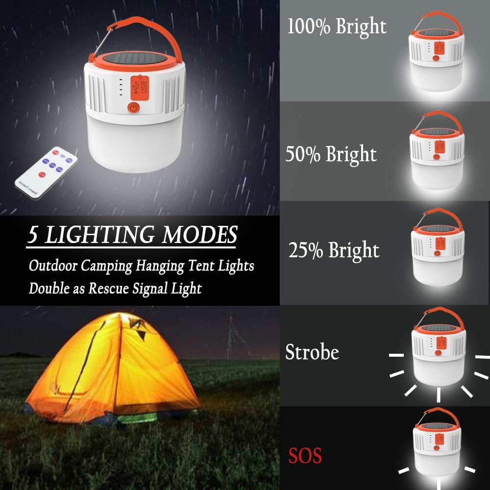100W Solar Camping Lights Portable Rechargeable Lantern Hooked Hanging Tent Lamp Remote Battery Bulbs Outdoor 5000mah 5 Modes Waterproof for Power Outages Canopy Vendors Gathering Emergency 2 Pack