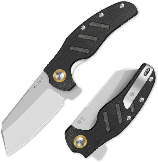 Kizer C01C XL Sheepdog Pocket Knife, 3.9" 14C28N Sheepsfoot Blade EDC Folding Knife with Black Burlap Norplex UltreX™ Micarta Handle, Liner Lock, Flipper, Camping Knives for Men Women, V5488M2