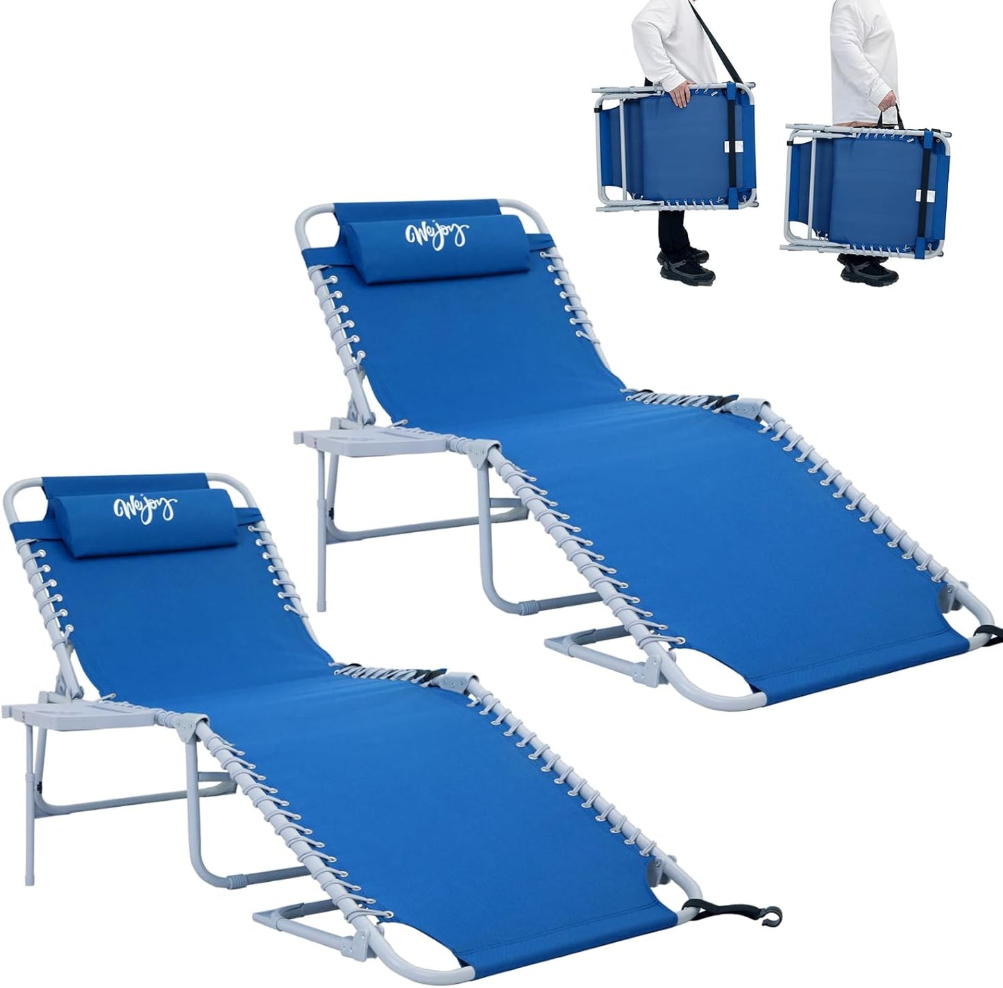 #WEJOY 2 PCS Lounge with Side Table for Outdoor 5-Position Adjustable Recliner Chair for Beach Sunbathing Patio Pool Lawn Lay Flat Portable Camp Reclining Chair with Shoulder Strap Side Pocket