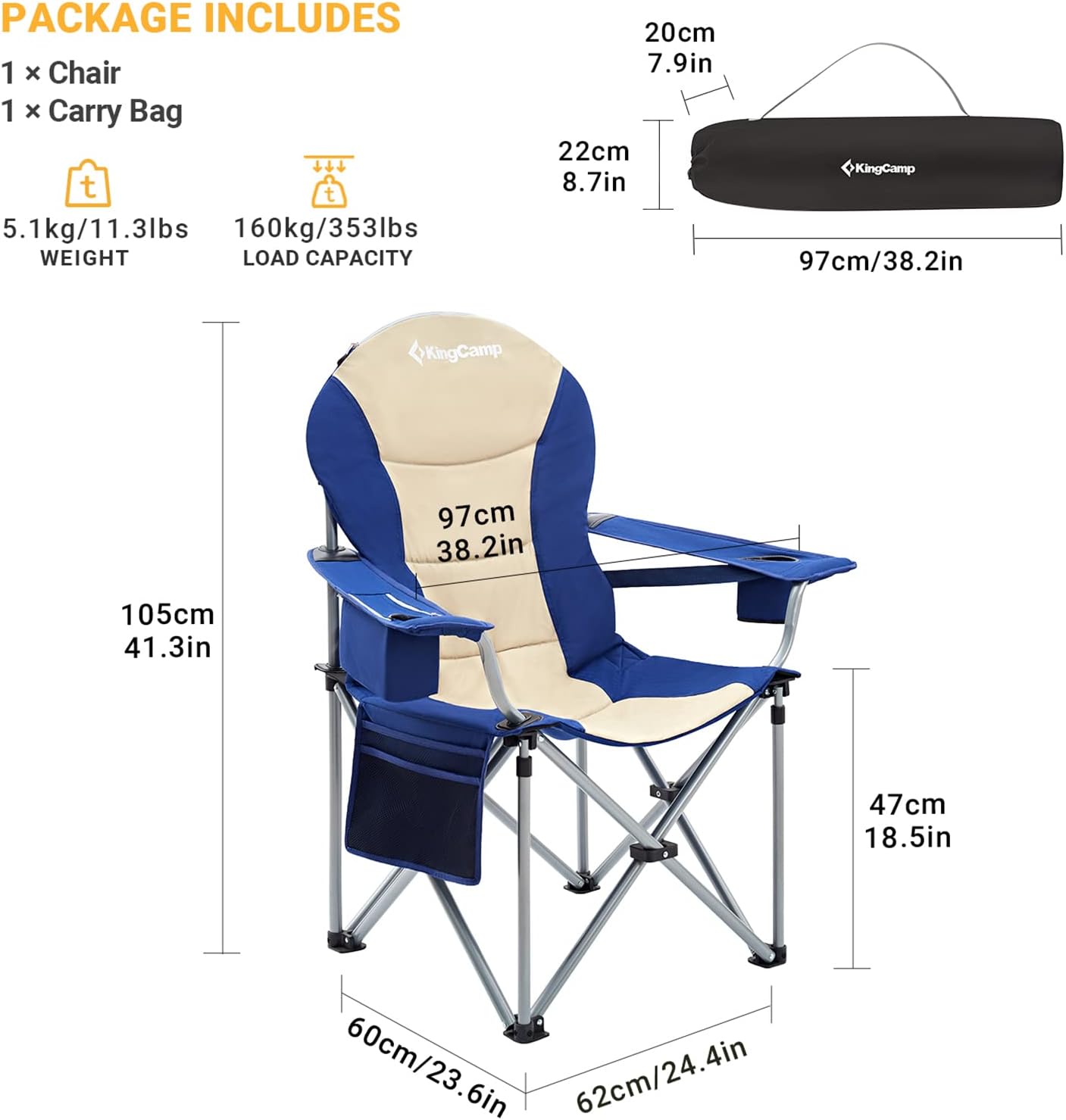 KingCamp Heavy Duty Camping Chair Lumbar Back Support Folding Deluxe Seat with Cooler Bag and Armrest Cup Holder