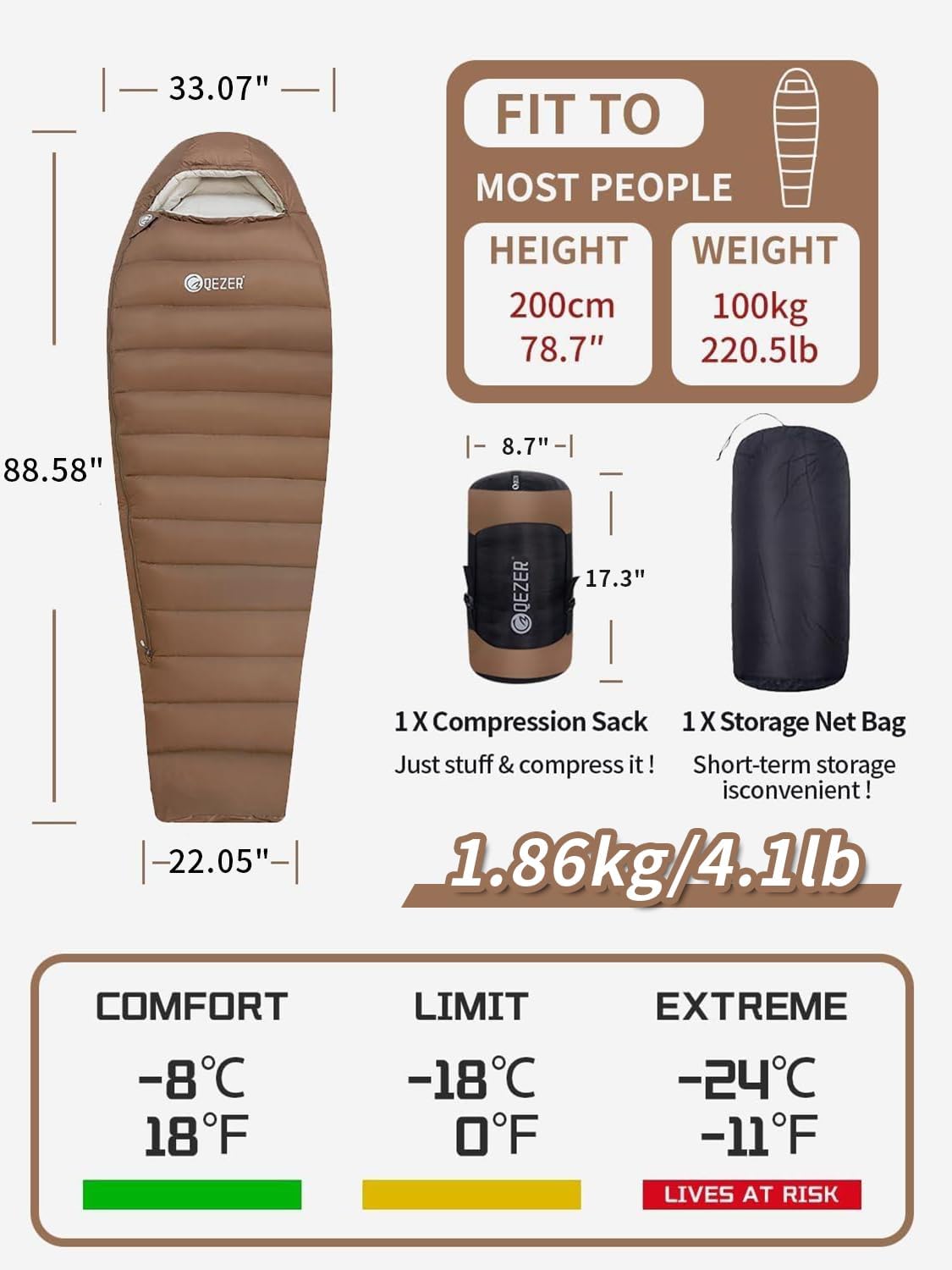 0 Degree Sleeping Bag for Adults 650 Fill Power Down Sleeping Bag for Cold Weather -20F / -8F / 0F / 10F Large Lightweight
